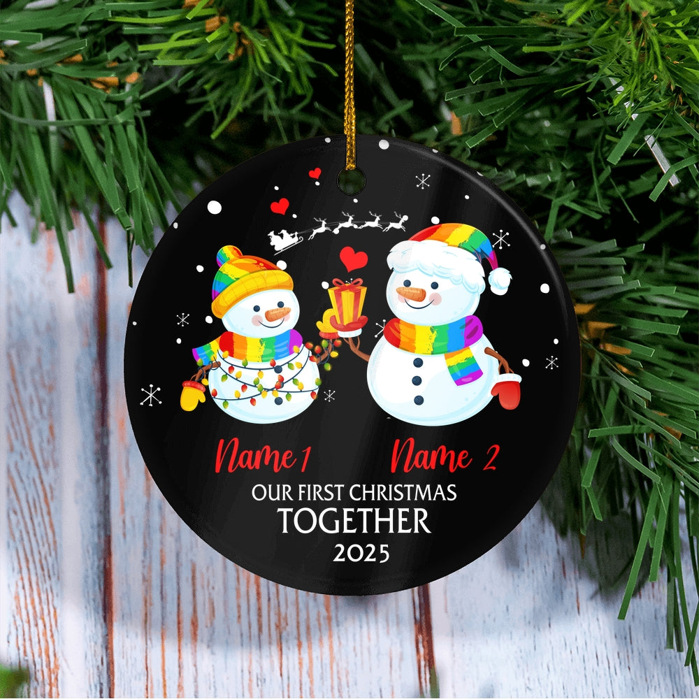 Personalized Our First Christmas 2025 Married Engagement Couple LGBTQ Christmas Snowman Gay Lesbian Love is Pride Customized Christmas Tree Ornament | siriusteestore
