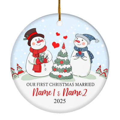 Personalized Our First Christmas Married Engagement Couple Snowman for Wedding Newlywed Customized Christmas Tree Ornament | siriusteestore
