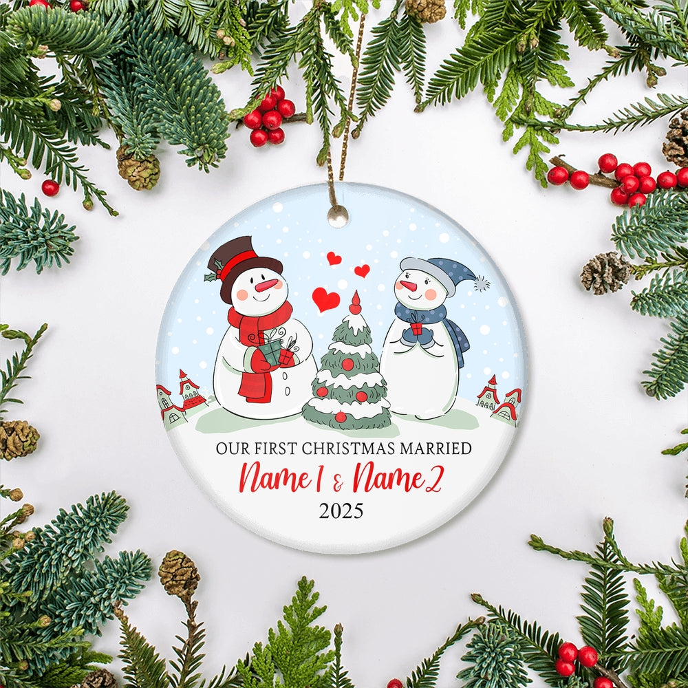 Personalized Our First Christmas Married Engagement Couple Snowman for Wedding Newlywed Customized Christmas Tree Ornament | siriusteestore