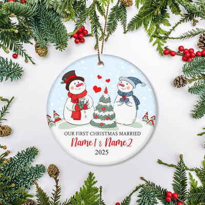 Personalized Our First Christmas Married Engagement Couple Snowman for Wedding Newlywed Customized Christmas Tree Ornament | siriusteestore