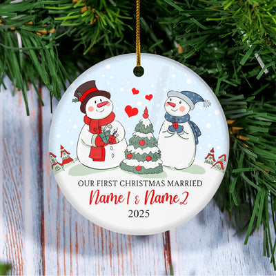 Personalized Our First Christmas Married Engagement Couple Snowman for Wedding Newlywed Customized Christmas Tree Ornament | siriusteestore