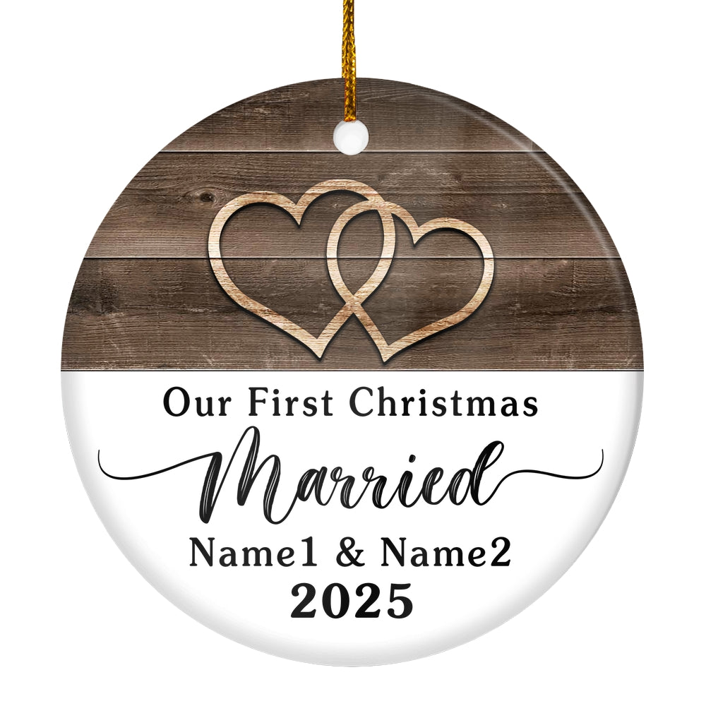 Personalized Our First Christmas Married Rustic Double Hearts Farmhouse For Wedding Newlywed Couple Customized Christmas Tree Ornament | siriusteestore