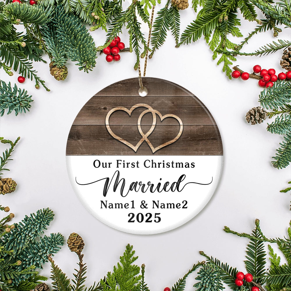 Personalized Our First Christmas Married Rustic Double Hearts Farmhouse For Wedding Newlywed Couple Customized Christmas Tree Ornament | siriusteestore