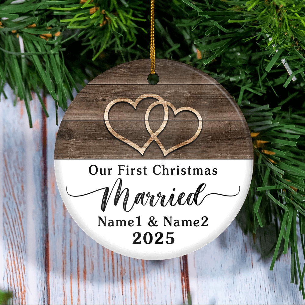 Personalized Our First Christmas Married Rustic Double Hearts Farmhouse For Wedding Newlywed Couple Customized Christmas Tree Ornament | siriusteestore