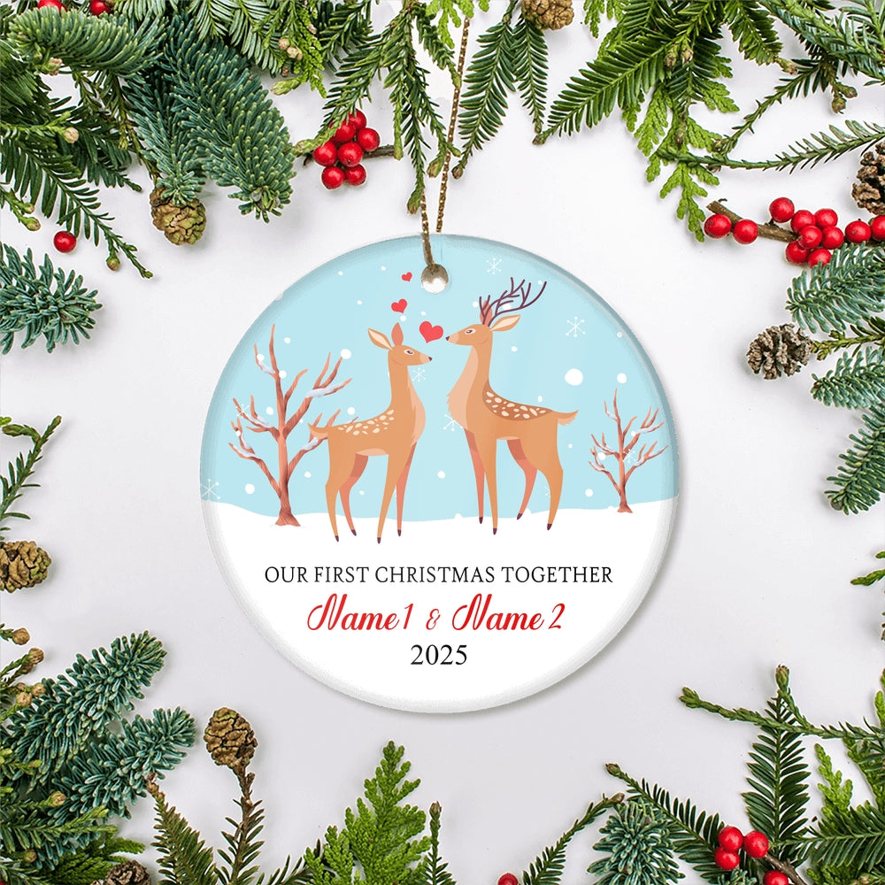Personalized Our First Christmas Together 2025 Couple Buck and Doe Deer Newlywed Wife Husband Customized Christmas Tree Ornament | siriusteestore