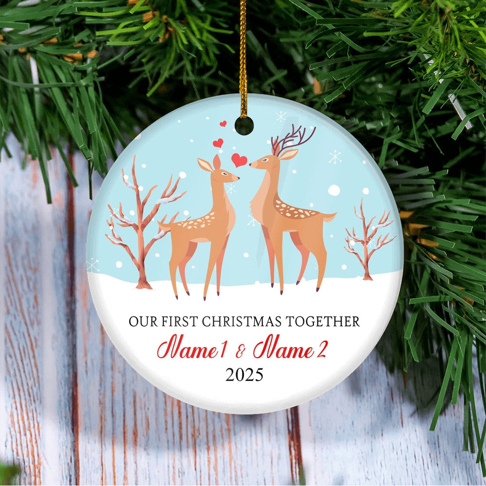 Personalized Our First Christmas Together 2025 Couple Buck and Doe Deer Newlywed Wife Husband Customized Christmas Tree Ornament | siriusteestore