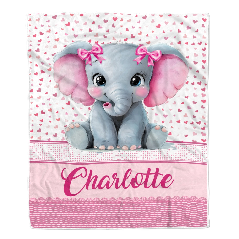 Personalized Pink Elephant Baby Blanket For Infant Toddler Girls Custom Name Cute Elephant Hearts Nursery Bedding Birthday Christmas Gift Fleece Throw Blanket | siriusteestore