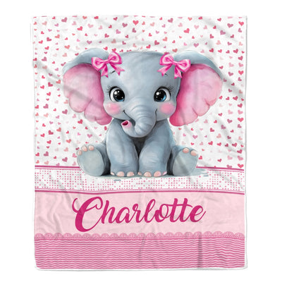 Personalized Pink Elephant Baby Blanket For Infant Toddler Girls Custom Name Cute Elephant Hearts Nursery Bedding Birthday Christmas Gift Fleece Throw Blanket | siriusteestore
