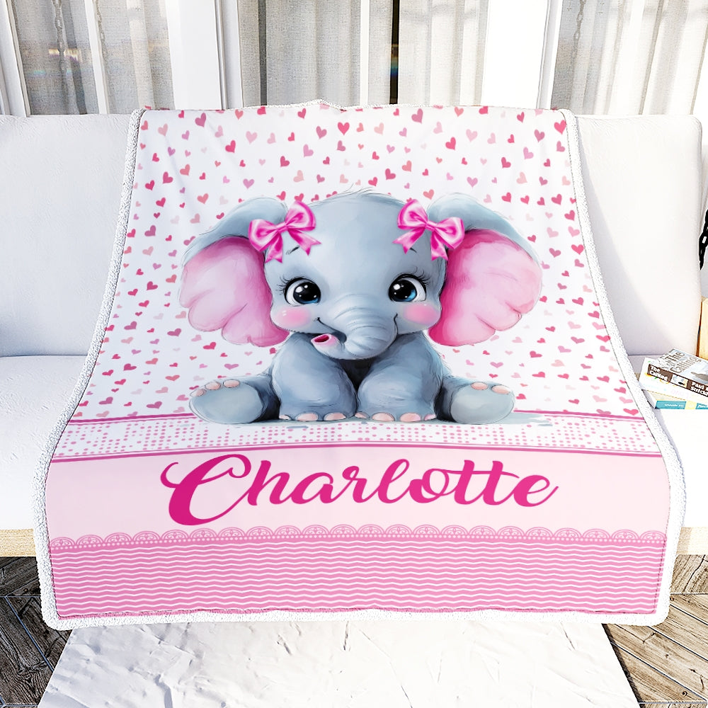 Personalized Pink Elephant Baby Blanket For Infant Toddler Girls Custom Name Cute Elephant Hearts Nursery Bedding Birthday Christmas Gift Fleece Throw Blanket | siriusteestore