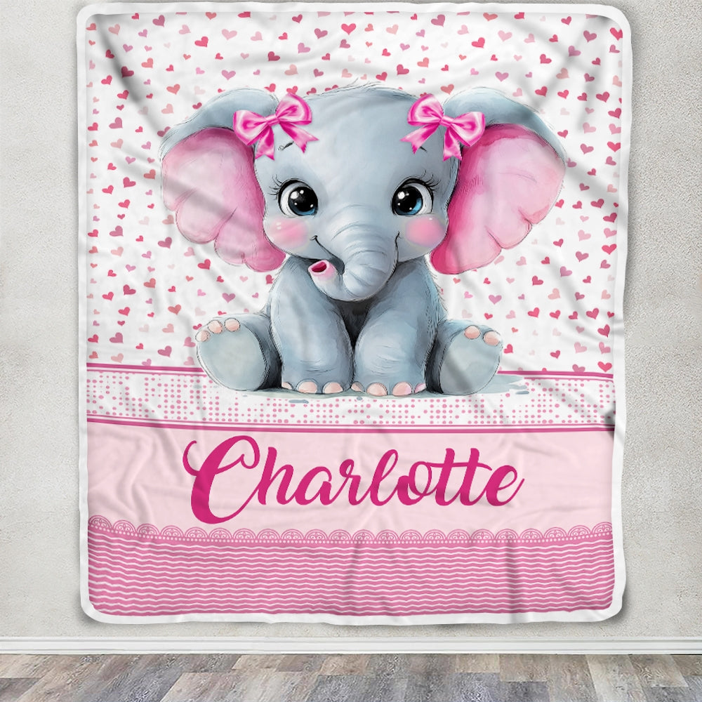 Personalized Pink Elephant Baby Blanket For Infant Toddler Girls Custom Name Cute Elephant Hearts Nursery Bedding Birthday Christmas Gift Fleece Throw Blanket | siriusteestore