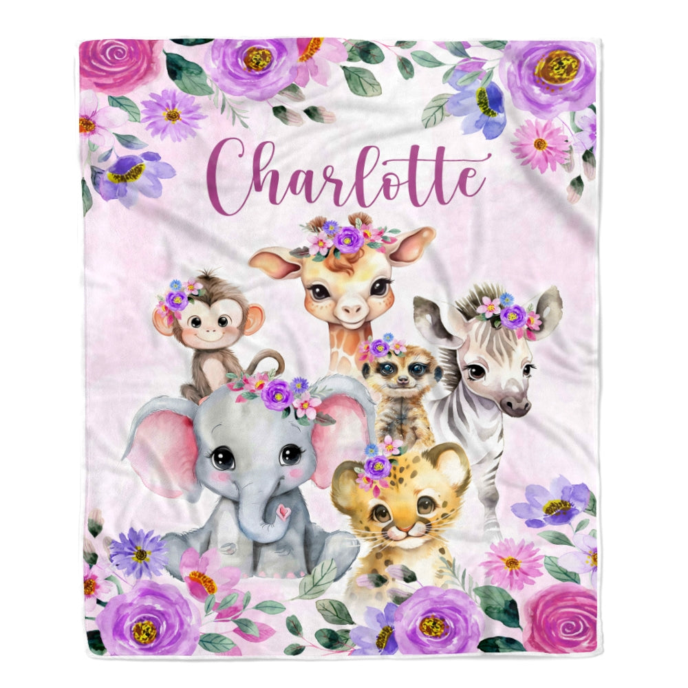 Personalized Purple Safari Baby Blanket Girl Custom Baby Name Cobijas Para Bebe Niña Newborn Daughter Granddaughter Niece Birthday Christmas Fleece Blanket | siriusteestore