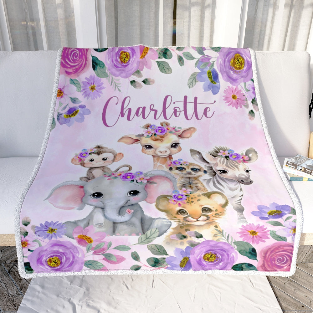 Personalized Purple Safari Baby Blanket Girl Custom Baby Name Cobijas Para Bebe Niña Newborn Daughter Granddaughter Niece Birthday Christmas Fleece Blanket | siriusteestore