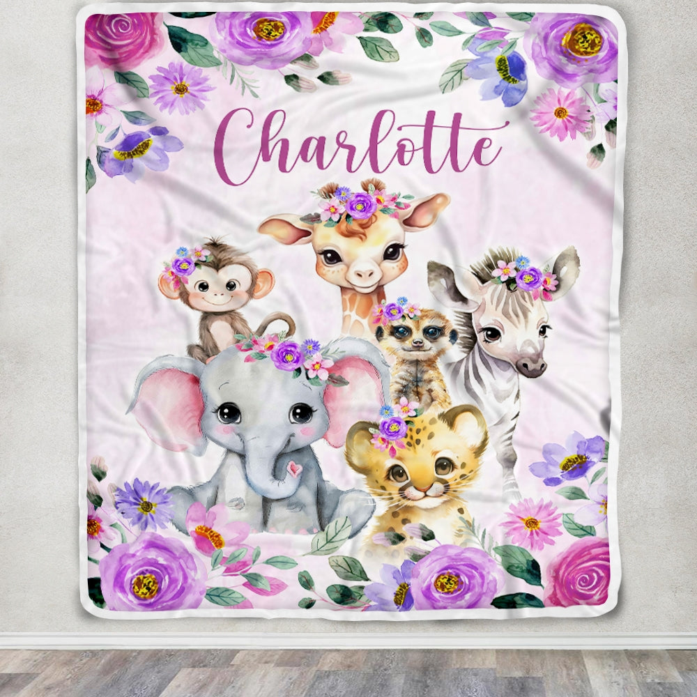 Personalized Purple Safari Baby Blanket Girl Custom Baby Name Cobijas Para Bebe Niña Newborn Daughter Granddaughter Niece Birthday Christmas Fleece Blanket | siriusteestore