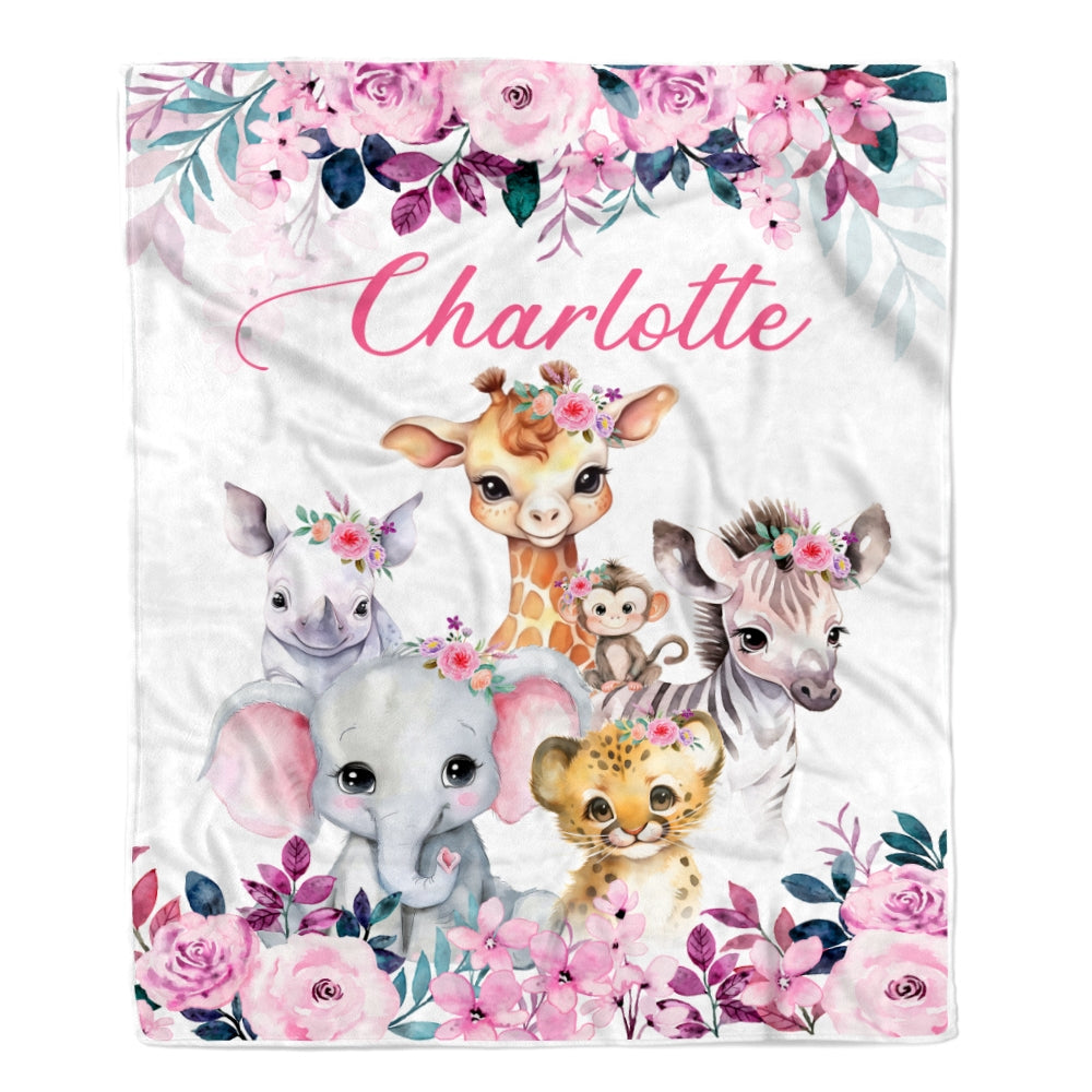 Personalized Safari Baby Blanket Elephant Giraffe Sloth Custom Name Girls Newborn Daughter Granddaughter Niece Birthday Customized Christmas Fleece Blanket | siriusteestore