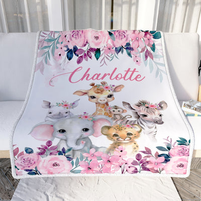 Personalized Safari Baby Blanket Elephant Giraffe Sloth Custom Name Girls Newborn Daughter Granddaughter Niece Birthday Customized Christmas Fleece Blanket | siriusteestore