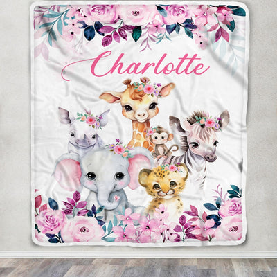 Personalized Safari Baby Blanket Elephant Giraffe Sloth Custom Name Girls Newborn Daughter Granddaughter Niece Birthday Customized Christmas Fleece Blanket | siriusteestore