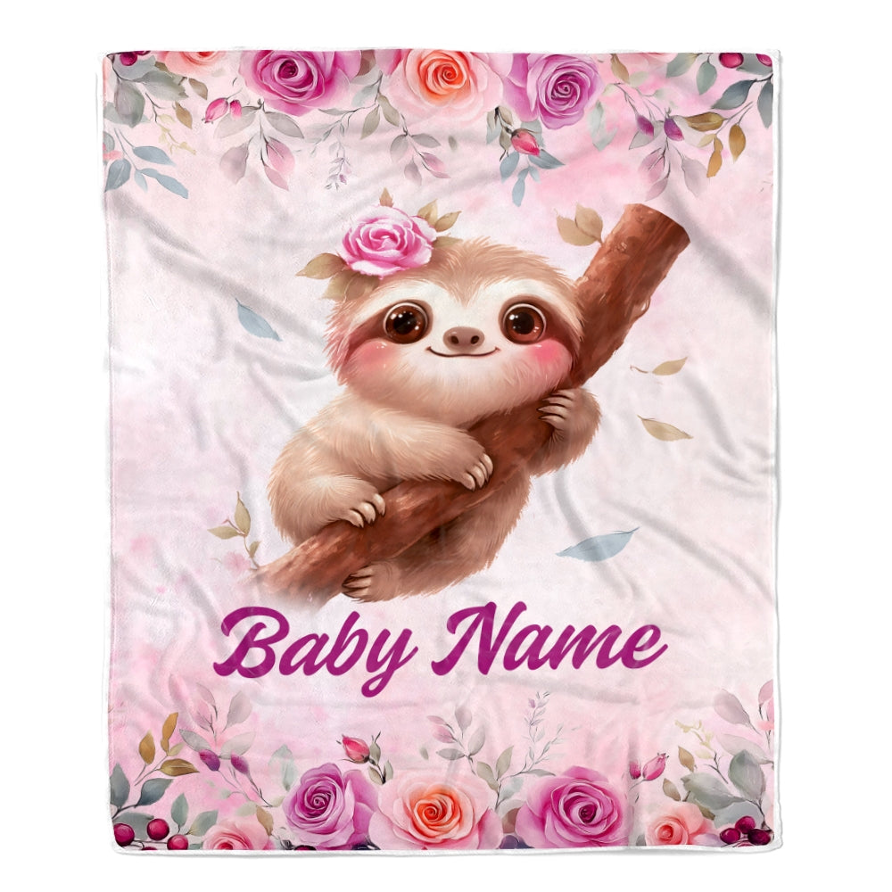 Personalized Sloth Baby Blanket For Girls Custom Name Pink Flowers Watercolor Bedding Gift For Babies Shower Newborn Toddler Birthday Christmas Fleece Blanket | siriusteestore