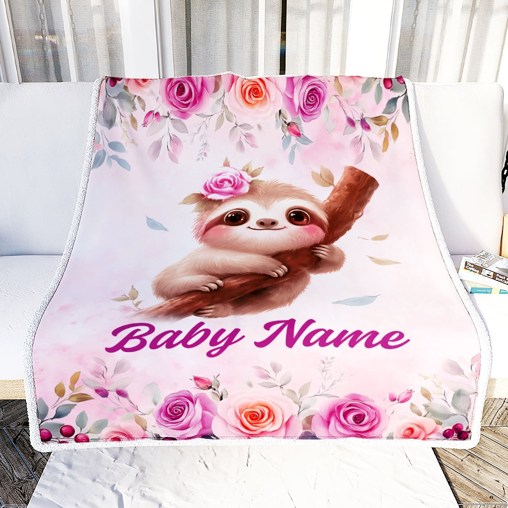 Personalized Sloth Baby Blanket For Girls Custom Name Pink Flowers Watercolor Bedding Gift For Babies Shower Newborn Toddler Birthday Christmas Fleece Blanket | siriusteestore