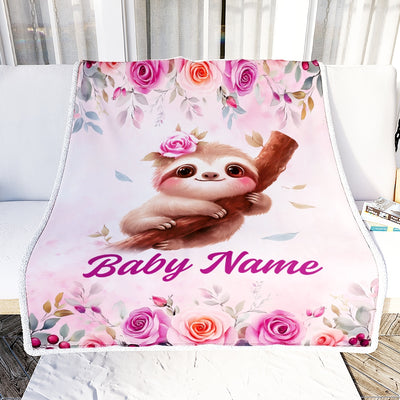 Personalized Sloth Baby Blanket For Girls Custom Name Pink Flowers Watercolor Bedding Gift For Babies Shower Newborn Toddler Birthday Christmas Fleece Blanket | siriusteestore