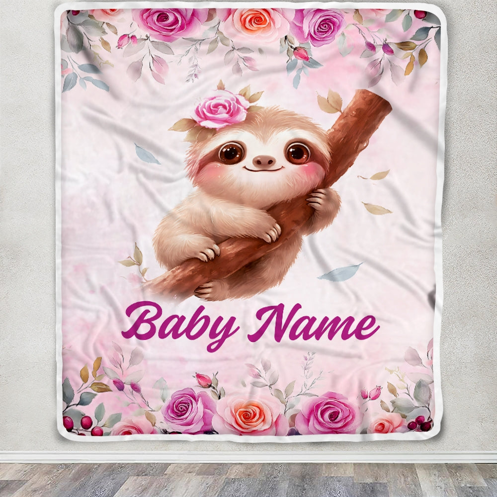 Personalized Sloth Baby Blanket For Girls Custom Name Pink Flowers Watercolor Bedding Gift For Babies Shower Newborn Toddler Birthday Christmas Fleece Blanket | siriusteestore