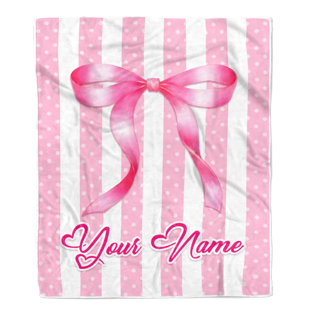 Personalized Striped Coquette Pink Bow Blanket For Girls Custom Name Baby Shower Teenn Kids Room Decor Birthday Gifts For Daughter Niece Fleece Throw Blanket | siriusteestore