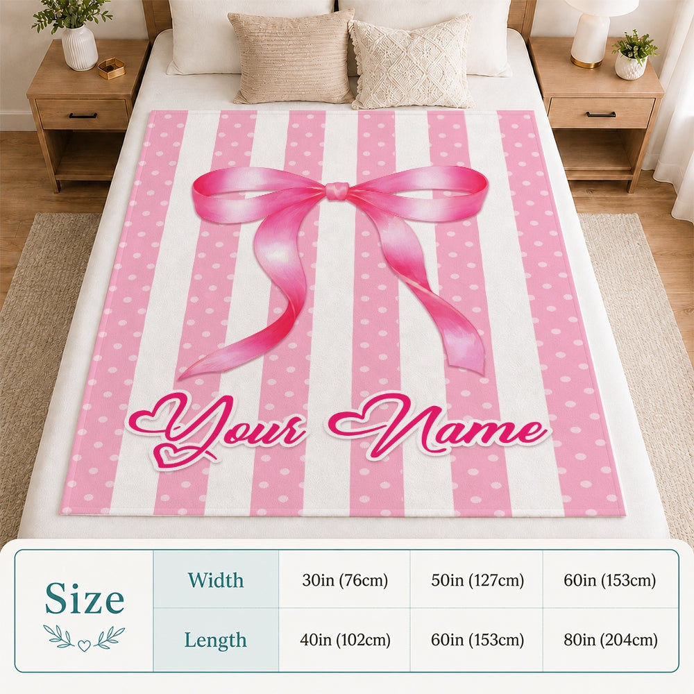 Personalized Striped Coquette Pink Bow Blanket For Girls Custom Name Baby Shower Teenn Kids Room Decor Birthday Gifts For Daughter Niece Fleece Throw Blanket | siriusteestore