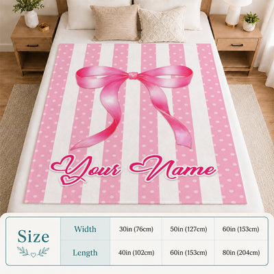 Personalized Striped Coquette Pink Bow Blanket For Girls Custom Name Baby Shower Teenn Kids Room Decor Birthday Gifts For Daughter Niece Fleece Throw Blanket | siriusteestore