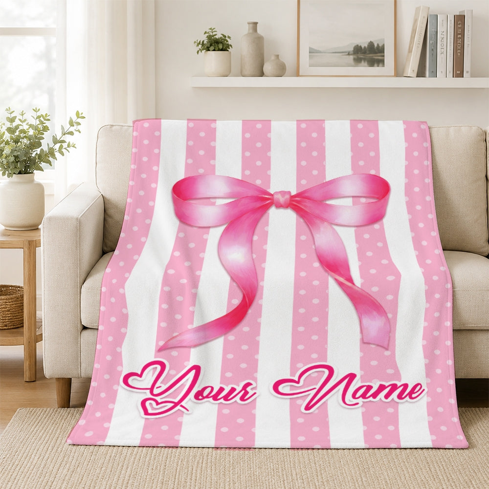Personalized Striped Coquette Pink Bow Blanket For Girls Custom Name Baby Shower Teenn Kids Room Decor Birthday Gifts For Daughter Niece Fleece Throw Blanket | siriusteestore
