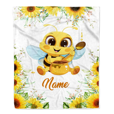Personalized Sunflower Bee Baby Blanket with Custom Name for Girls Baby Newborn Children Kids Daughter Granddaughter Niece Birthday Christmas Fleece Blanket | siriusteestore