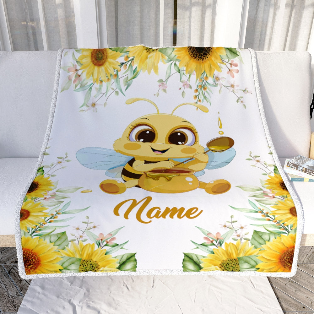 Personalized Sunflower Bee Baby Blanket with Custom Name for Girls Baby Newborn Children Kids Daughter Granddaughter Niece Birthday Christmas Fleece Blanket | siriusteestore