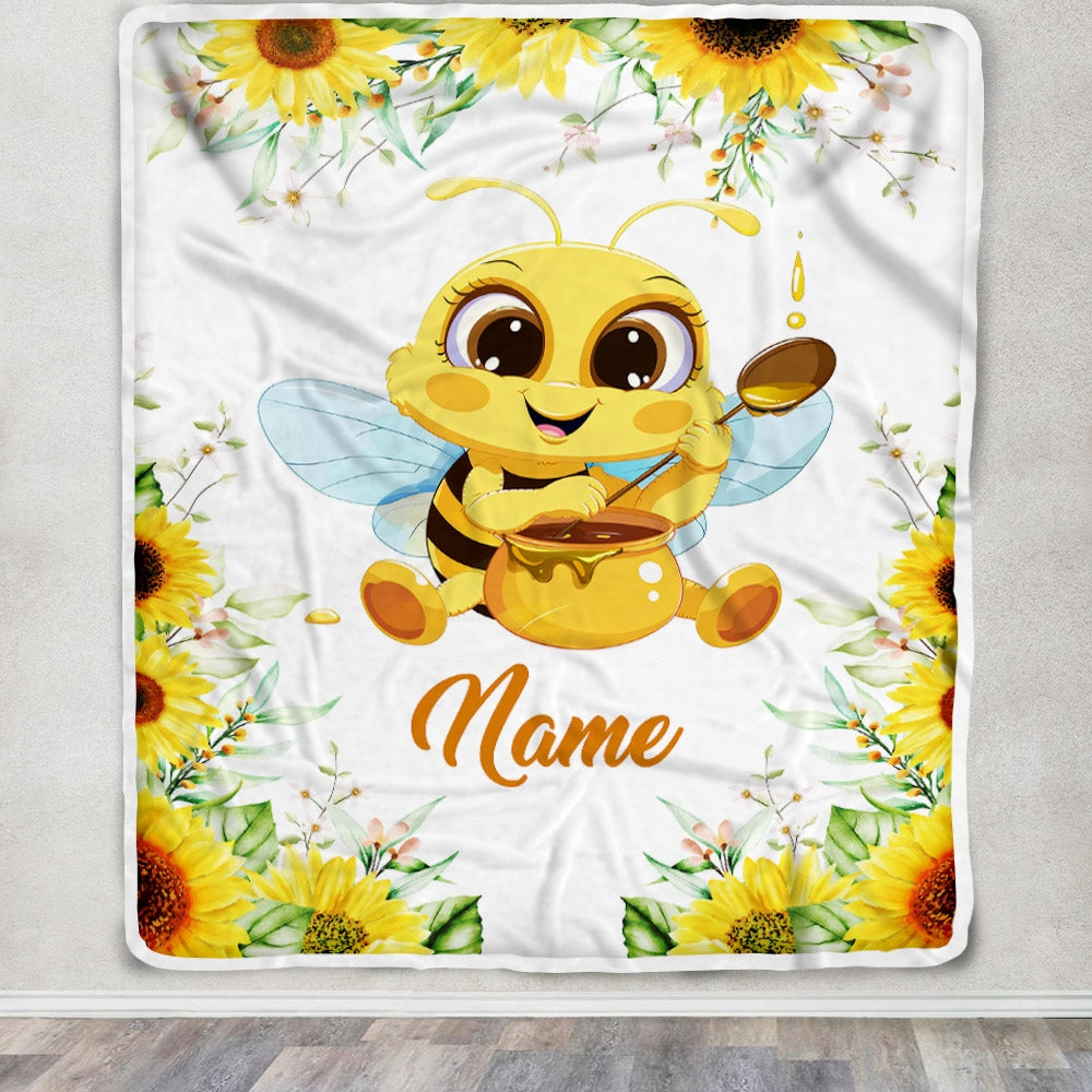 Personalized Sunflower Bee Baby Blanket with Custom Name for Girls Baby Newborn Children Kids Daughter Granddaughter Niece Birthday Christmas Fleece Blanket | siriusteestore