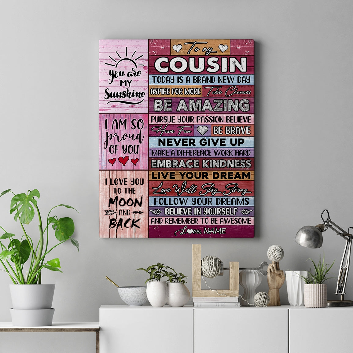 Personalized To My Cousin Canvas Never Give Up Live Your Dream Pink Wood Cousin Birthday Graduation Christmas Custom Wall Art Print Home Decor Framed Canvas | siriusteestore