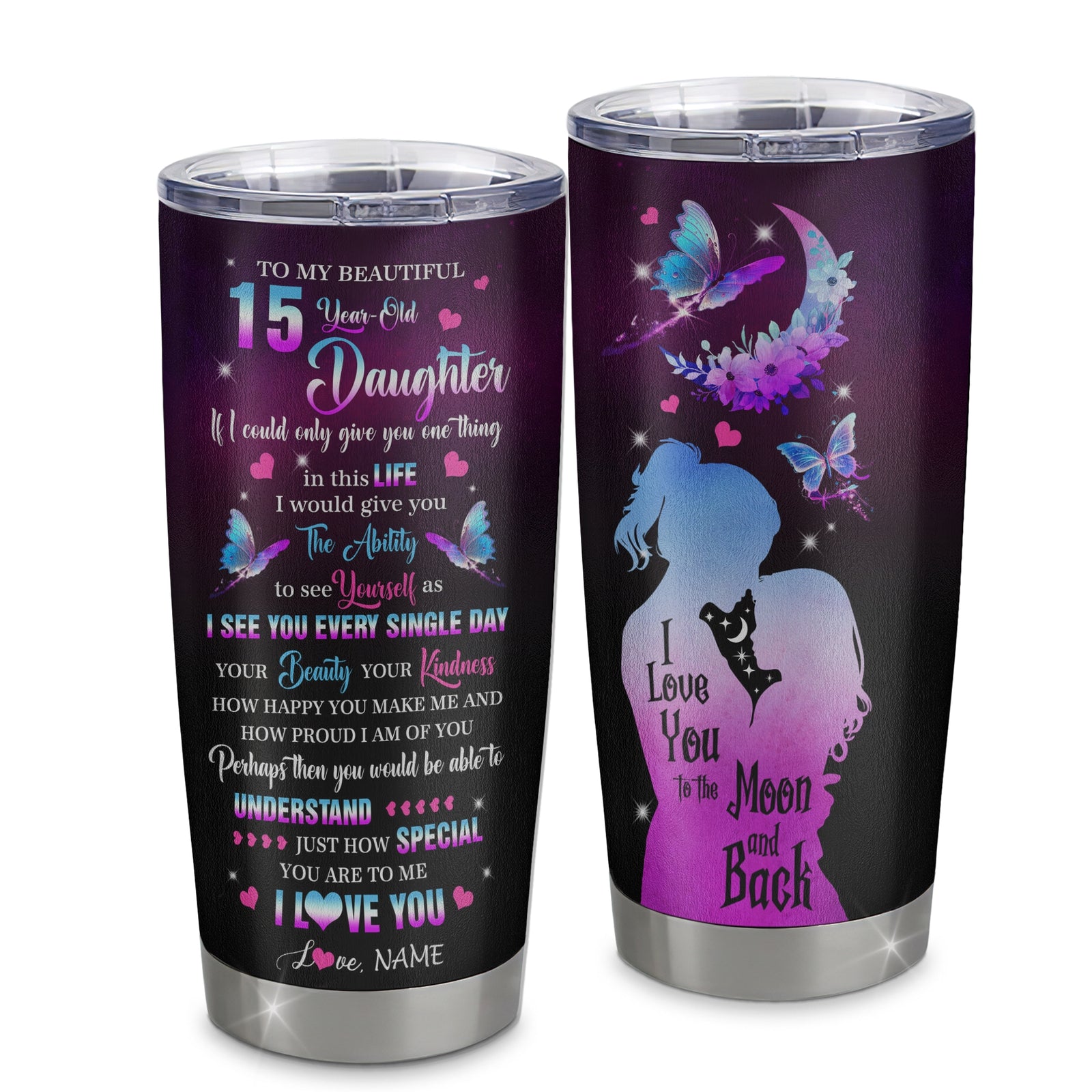Personalized Sweet 15 Gifts For Girls Daughter Tumbler Stainless Steel Cup From Mom Butterfly Sweet Fifteen 15 Year Old Birthday Decorations Travel Mug | siriusteestore