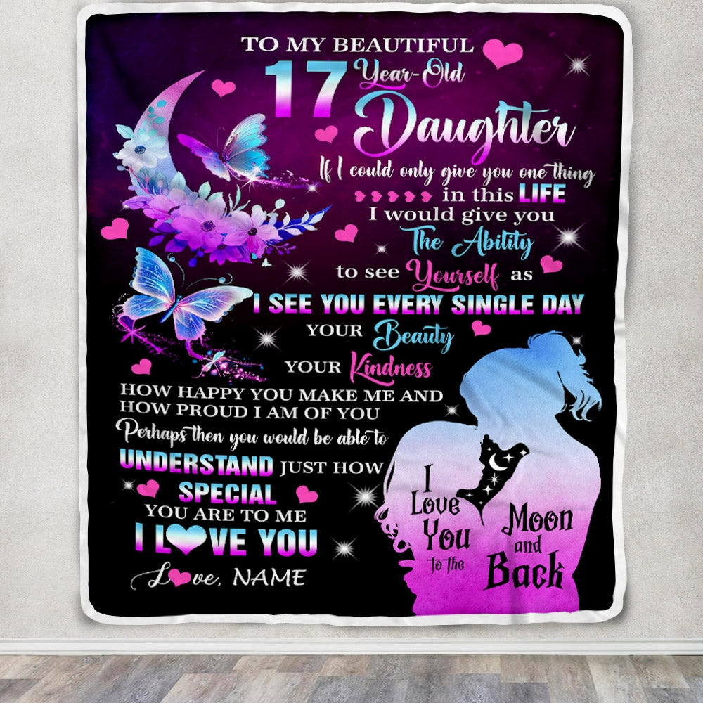 Personalized Sweet 17 Gifts For Girls Daughter Blanket From Mom Butterfly Sweet Seventeen 17 Seventeen Old Birthday Decorations Customized Fleece Blanket | siriusteestore