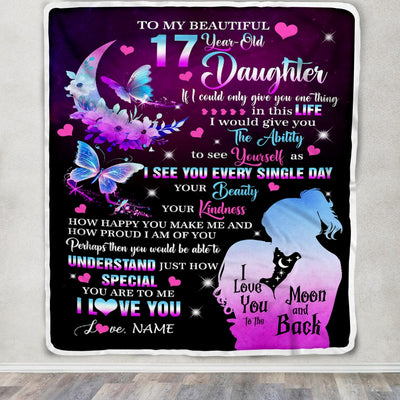 Personalized Sweet 17 Gifts For Girls Daughter Blanket From Mom Butterfly Sweet Seventeen 17 Seventeen Old Birthday Decorations Customized Fleece Blanket | siriusteestore