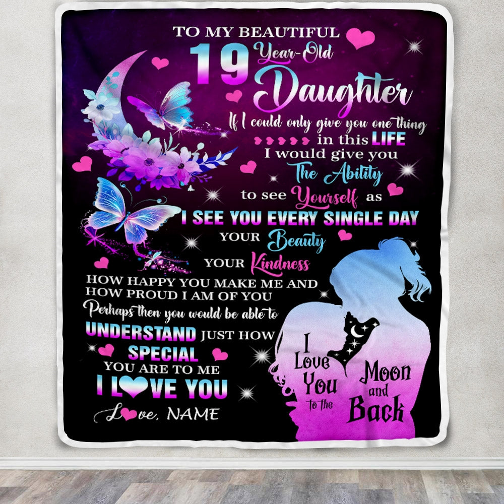Personalized Sweet 19 Gifts For Girls Daughter Blanket From Mom Butterfly Sweet Nineteen 19 Nineteen Old Birthday Decorations Customized Fleece Blanket | siriusteestore