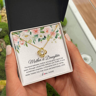 Love Knot Necklace 18K Yellow Gold Finish | Personalized The Bond Between Mother And Daughter Necklace Thank You Love Mom Jewelry Birthday Mothers Day Christmas Customized Gift Box Message Card | siriusteestore