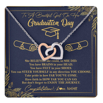 Interlocking Hearts Necklace Stainless Steel & Rose Gold Finish | 1 | Personalized To A Beautiful Women On Her Graduation Day Necklace Class of 2024 For Daughter Granddaughter Sister Jewelry Customized Gift Box Message Card | siriusteestore