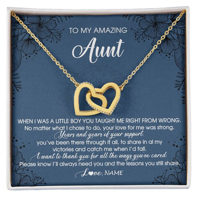 Interlocking Hearts Necklace 18K Yellow Gold Finish | Personalized To My Amazing Aunt Necklace From Nephew Little Boy You Taught Me Right Mom Birthday Mothers Day Christmas Jewelry Customized Gift Box Message Card | siriusteestore