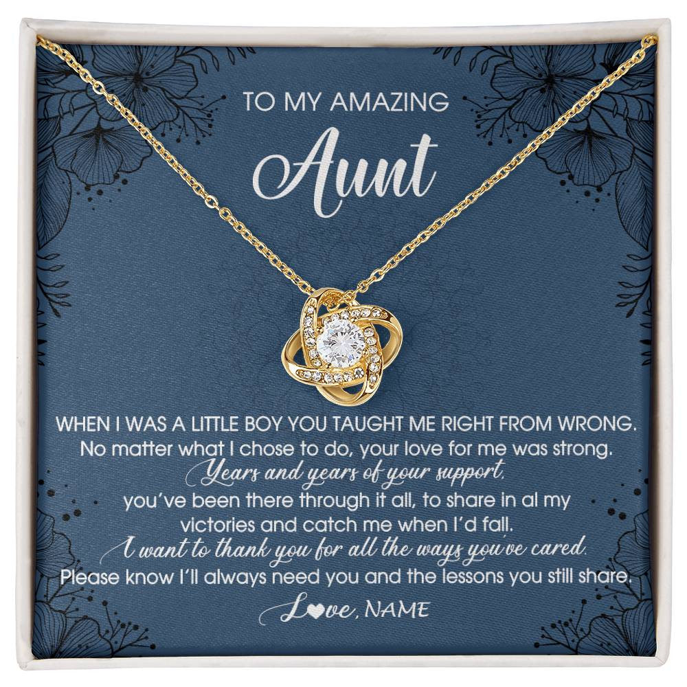 Love Knot Necklace 18K Yellow Gold Finish | Personalized To My Amazing Aunt Necklace From Nephew Little Boy You Taught Me Right Mom Birthday Mothers Day Christmas Jewelry Customized Gift Box Message Card | siriusteestore
