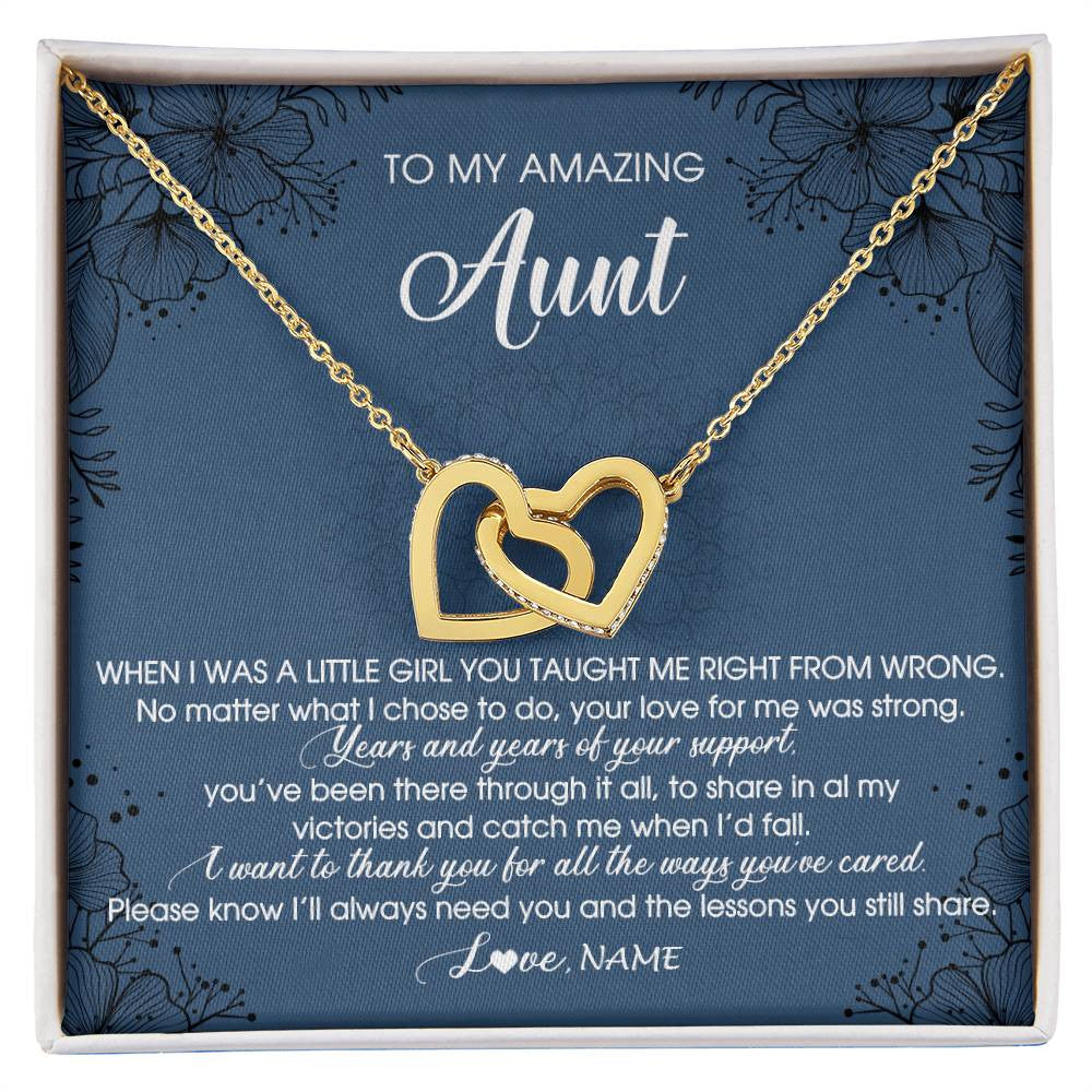 Interlocking Hearts Necklace 18K Yellow Gold Finish | Personalized To My Amazing Aunt Necklace From Niece Little Girl You Taught Me Right Mom Birthday Mothers Day Christmas Jewelry Customized Gift Box Message Card | siriusteestore