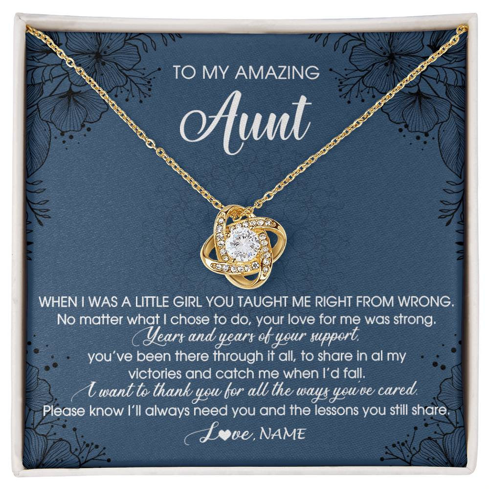 Love Knot Necklace 18K Yellow Gold Finish | Personalized To My Amazing Aunt Necklace From Niece Little Girl You Taught Me Right Mom Birthday Mothers Day Christmas Jewelry Customized Gift Box Message Card | siriusteestore