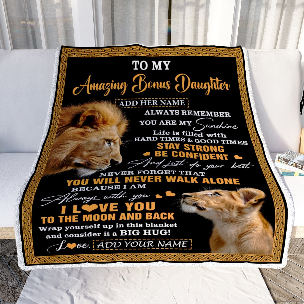 Personalized To My Amazing Bonus Daughter Blanket From Bonus Dad Stepdad Lion It A Big Hug Stepdaughter Birthday Gifts Christmas Customized Fleece Blanket | siriusteestore