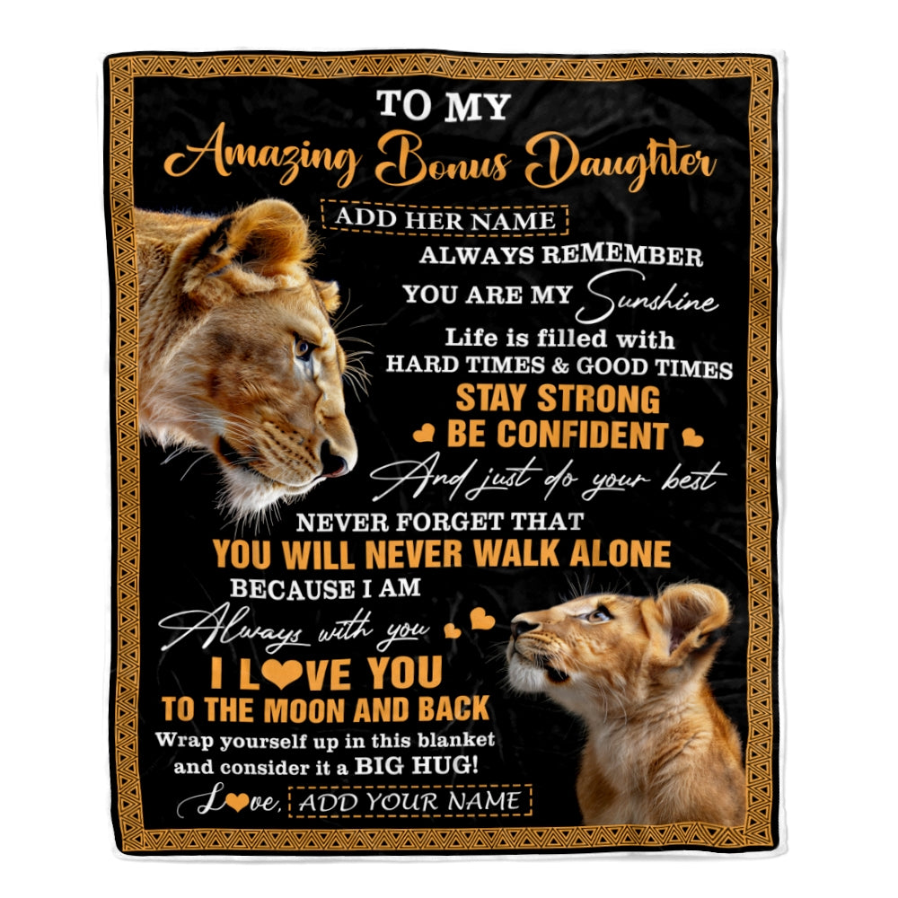 Personalized To My Amazing Bonus Daughter Blanket From Bonus Mom Stepmom Lion It A Big Hug Stepdaughter Birthday Gifts Christmas Customized Fleece Blanket | siriusteestore