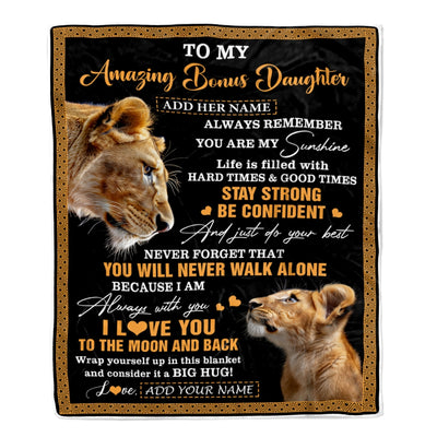 Personalized To My Amazing Bonus Daughter Blanket From Bonus Mom Stepmom Lion It A Big Hug Stepdaughter Birthday Gifts Christmas Customized Fleece Blanket | siriusteestore