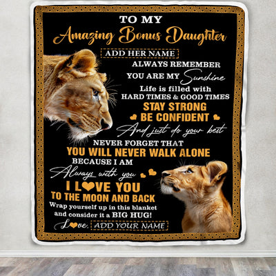 Personalized To My Amazing Bonus Daughter Blanket From Bonus Mom Stepmom Lion It A Big Hug Stepdaughter Birthday Gifts Christmas Customized Fleece Blanket | siriusteestore