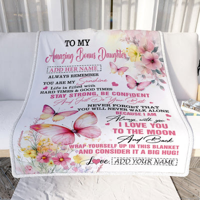 Personalized To My Amazing Bonus Daughter Blanket From Stepmom Stepdad Butterfly It A Big Hug Stepdaughter Birthday Gifts Christmas Customized Fleece Blanket | siriusteestore