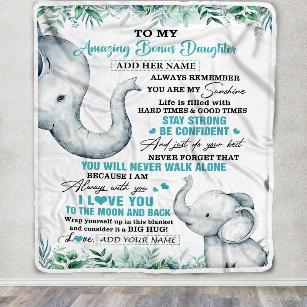 Personalized To My Amazing Bonus Daughter Blanket From Stepmom Stepdad Elephant It A Big Hug Stepdaughter Birthday Gifts Christmas Custom Fleece Blanket | siriusteestore