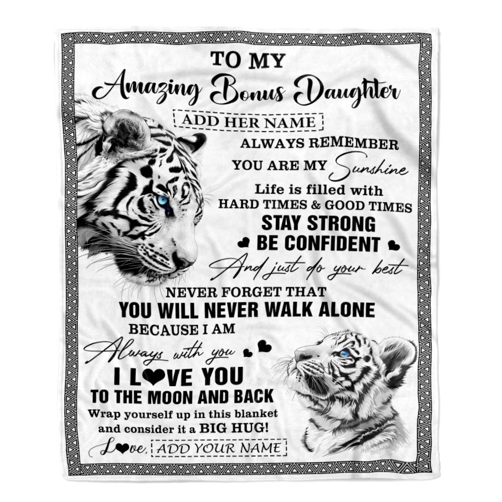 Personalized To My Amazing Bonus Daughter Blanket From Stepmom Stepdad White Tiger It A Big Hug Stepdaughter Birthday Gifts Christmas Custom Fleece Blanket | siriusteestore