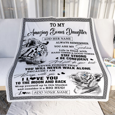 Personalized To My Amazing Bonus Daughter Blanket From Stepmom Stepdad White Tiger It A Big Hug Stepdaughter Birthday Gifts Christmas Custom Fleece Blanket | siriusteestore